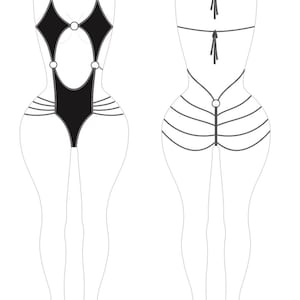 May include: A black bodysuit with a halter neck design and diamond-shaped cutouts. The front features metal rings and horizontal straps across the waist. The back view shows a similar design with a tie at the neck and straps.