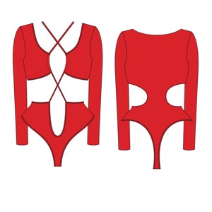 May include: A red long-sleeved bodysuit with cutouts and a criss-cross design in the front.