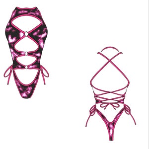 May include: A pink and black tie-dye swimsuit with cut-outs and a criss-cross back tie. The swimsuit has a high neckline and a low back.