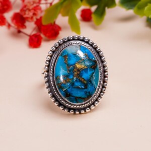 Copper Blue Turquoise Rings | 925 sterling silver handmade ring jewelry with turquoise gemstone, Blue Mohave ring, Adjustable silver ring