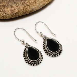 Naturalny czarny onyks Kolczyki - 925 Sterling Solid Silver Kolczyki - Łza Kolczyki Dla Kobiet - Kolczyki Gruszka Onyks - Kolczyki Prezent Urodzinowy