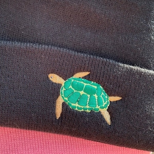 Turtle Embroidered Beanie Hat, turtle beanie hat, turtle hat, Vegan, ethical, wonderful world. UK