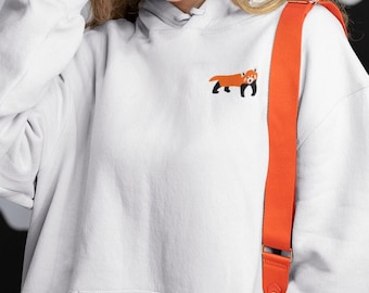Sudadera con capucha de panda rojo bordada: jersey unisex de algodón vegano