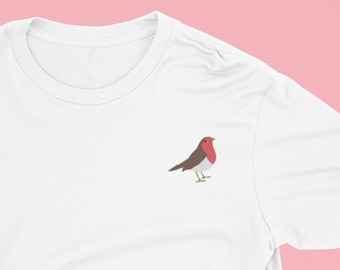 Maglietta ricamata Robin: uccello britannico, cotone vegano