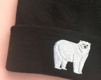 Polar Bear Embroidered Beanie Hat, Polar Bear hat, embroidered, Polar bear hat, Polar bears, Embroidered Polar Bear