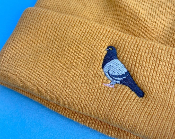 Embroidered Pigeon Beanie: Vegan Knit Hat