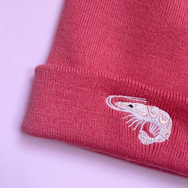 Shrimp Beanie Hat, Embroidered Prawn, Prawn Beanie hat, Embroidered Shrimps, Embroidered Prawn, Beanie hat, Vegan