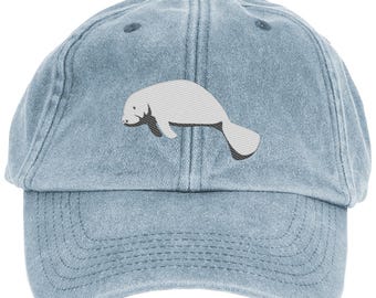 Gorra de béisbol vintage bordada con manatí: algodón cepillado