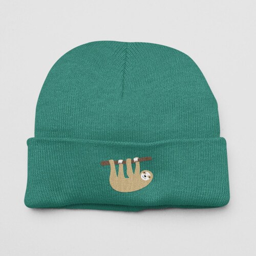 Embroidered Sloth Beanie Hat: Double Layer Knit, Vegan