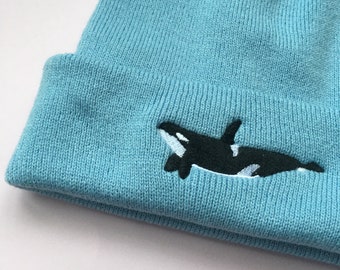 Orca Whale Embroidered Cuffed Beanie, Orca Killer Whale embroidered beanie hat, Orcas, Orca Hat, Killer Whale Beanie