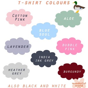 Puede incluir: Una imagen que muestra una carta de colores para camisetas. La carta incluye colores como Cotton Pink, Blue Soul, Lavender, Heather Grey, India Ink Grey, Aloe, Bubble Pink y Burgundy. El texto tambi&eacute;n menciona el blanco y negro.