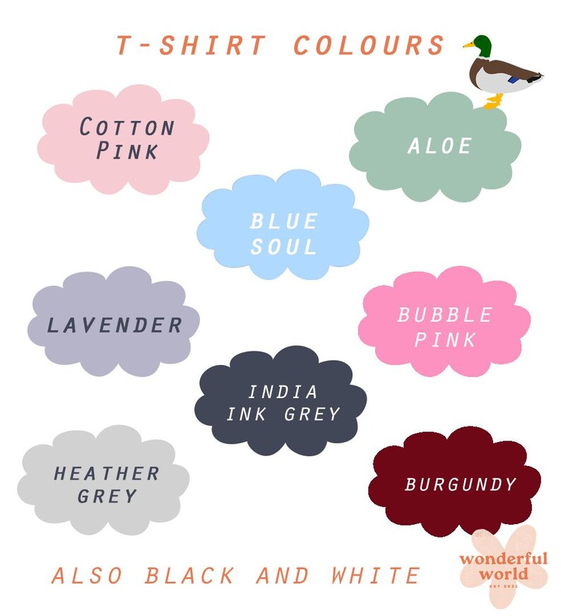 Puede incluir: Una imagen que muestra una carta de colores para camisetas. La carta incluye colores como Cotton Pink, Blue Soul, Lavender, Heather Grey, India Ink Grey, Aloe, Bubble Pink y Burgundy. El texto tambi&eacute;n menciona el blanco y negro.