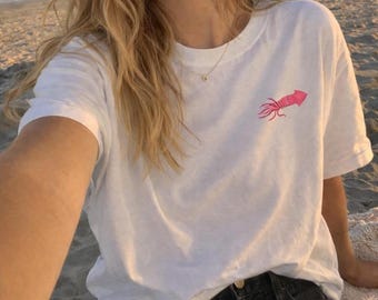 Embroidered Giant Squid T-shirt: Organic Cotton Unisex Fit, Squids, Ocean Embroidery