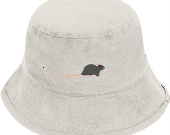 May include: A light gray bucket hat with a small black rat embroidered on the front.