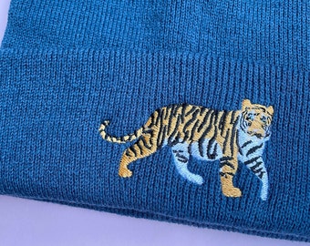 Embroidered Tiger Beanie Hat: Vegan Cuffed Knit