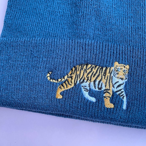 Tiger beanie hat, Embroidered tiger hat, Vegan, Ethical, Sustainable, Tiger, UK