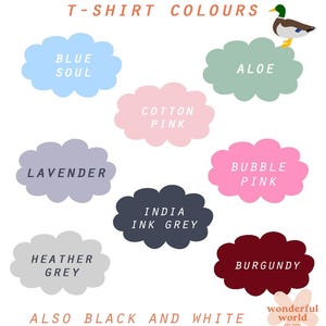 Puede incluir: Un gr&aacute;fico que muestra una variedad de colores de camisetas, incluyendo Blue Soul, Lavender, Heather Grey, Cotton Pink, India Ink Grey, Aloe, Bubble Pink y Burgundy. El gr&aacute;fico tambi&eacute;n incluye el texto "T-SHIRT COLORS" y "ALSO BLACK AND WHITE".