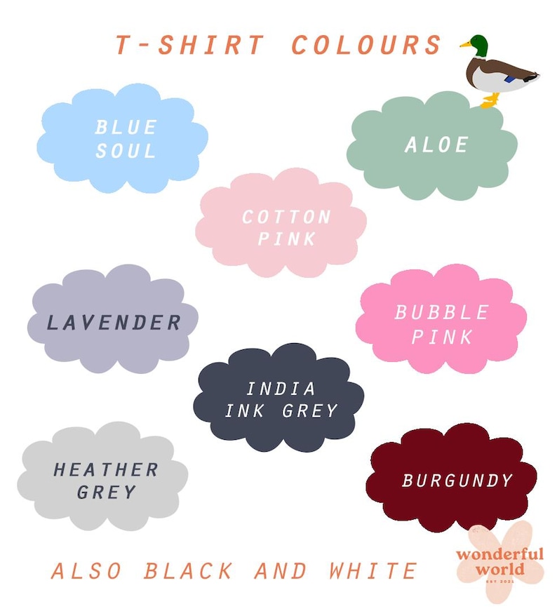 Puede incluir: Un gr&aacute;fico que muestra una variedad de colores de camisetas, incluyendo Blue Soul, Lavender, Heather Grey, Cotton Pink, India Ink Grey, Aloe, Bubble Pink y Burgundy. El gr&aacute;fico tambi&eacute;n incluye el texto "T-SHIRT COLORS" y "ALSO BLACK AND WHITE".