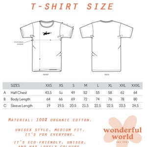 Puede incluir: Tabla de tallas de camiseta blanca, con vistas frontal y trasera. Las medidas est&aacute;n en cent&iacute;metros. La camiseta es 100% algod&oacute;n org&aacute;nico. Texto: "ESTILO UNISEX, CORTE MEDIO. ES PARA TODOS."