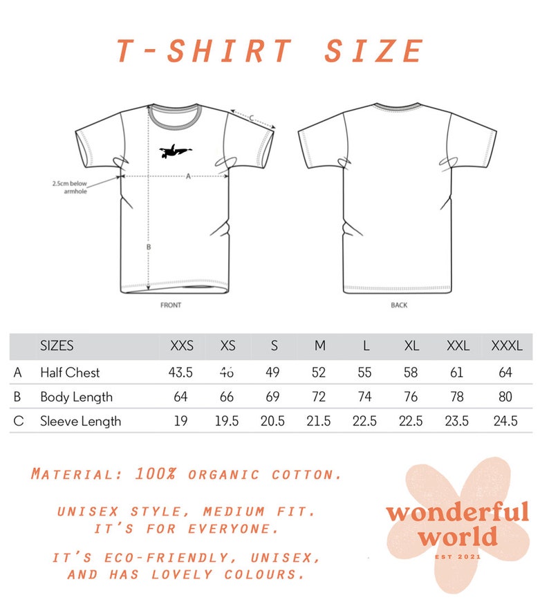Puede incluir: Tabla de tallas de camiseta blanca, con vistas frontal y trasera. Las medidas est&aacute;n en cent&iacute;metros. La camiseta es 100% algod&oacute;n org&aacute;nico. Texto: "ESTILO UNISEX, CORTE MEDIO. ES PARA TODOS."