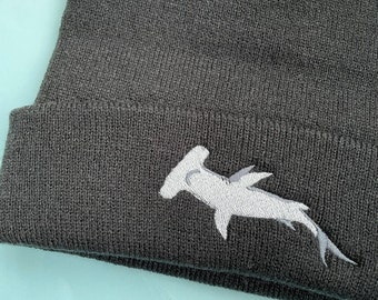 Hammerhead Shark Embroidered Beanie, hammerhead shark beanie hat, Ocean, Embroidered, Vegan, UK