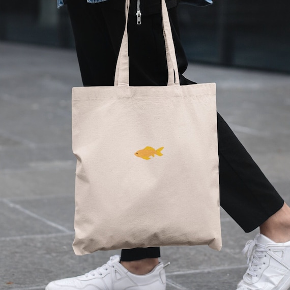 Goldfish Embroidered Tote Bag, Embroidered Goldfish, Tote bags, Gold Fish,  Cotton Tote Bag