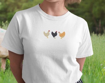 Chicken Embroidered T-Shirt: Chickens Tshirt, Organic Cotton Unisex Fit