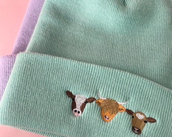 Embroidered Cow Beanie: Vegan Knit Hat