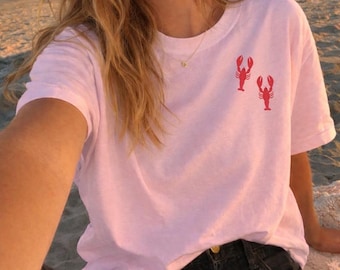 Embroidered Lobster T-shirt: Organic Cotton, Lobsters Embroidery, Ocean Unisex Tee