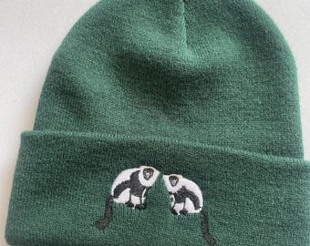 Ruffed Lemur Hat, Lemurs Embroidered Beanie, Vegan Knit Hat