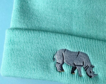 Rhino embroidered beanie hat, Rhino beanie hat, Rhinceros, Vegan, Beanie Hat, UK