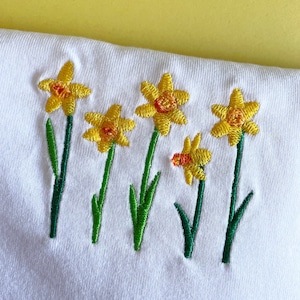 Daffodils Embroidered Tshirt, daffodil embroidered tshirt, daffodil flowers, daffodils, embroidery