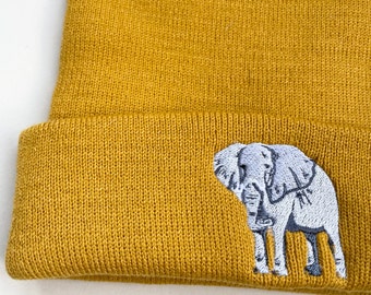 Elephant Embroidered Beanie Hat, Elephant embroidered hat, Elephants, Vegan, Substainable, UK