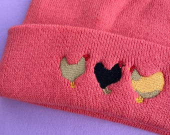 Embroidered Chicken Beanie: Vegan Knit Hat