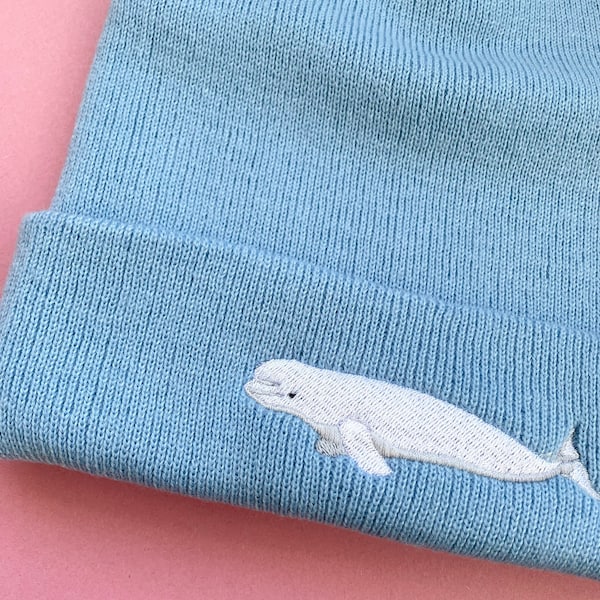 Beluga Whale Beanie, Beluga whale embroidered beanie hat, Beanie hat, Vegan, Beluga Whale Gift, Beluga Whales