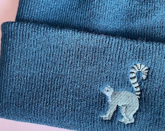 Lemur Embroidered Cuffed Beanie Hat: Vegan Knit