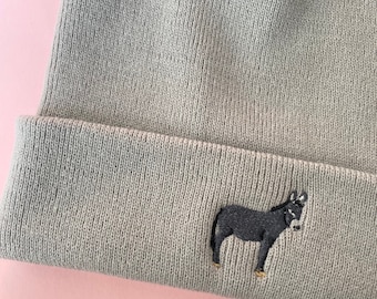 Embroidered Donkey Beanie Hat: Cuffed Knit Design