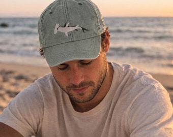Hammerhead Shark Embroidered Cap, Hammer head sharks hat, Vintage Washed