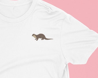 Geborduurd T-shirt met otter: biologische katoen, uniseks pasvorm