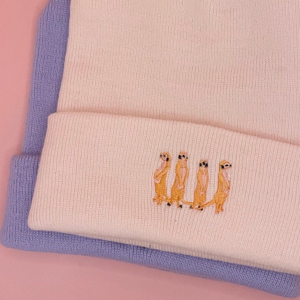 Meerkats Embroiderd Beanie Hat, Meerkats, Embroidered Meerkats, Meerkat Hat, Vegan, Embroidered Beanie hat