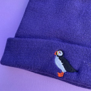Puffin embroidered beanie hat, puffin beanie hat, embroidered, cotton, vegan, puffin, UK