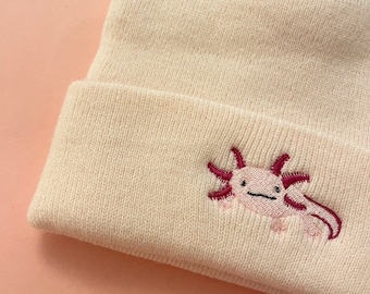 Embroidered Axolotl Beanie Hat: Vegan Friendly
