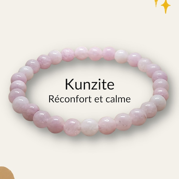 Bracelet Réconfort et Calme en pierres naturelles Kunzite rose clair 6 et 8 mm élastique taille personnalisée fait main lithothérapie