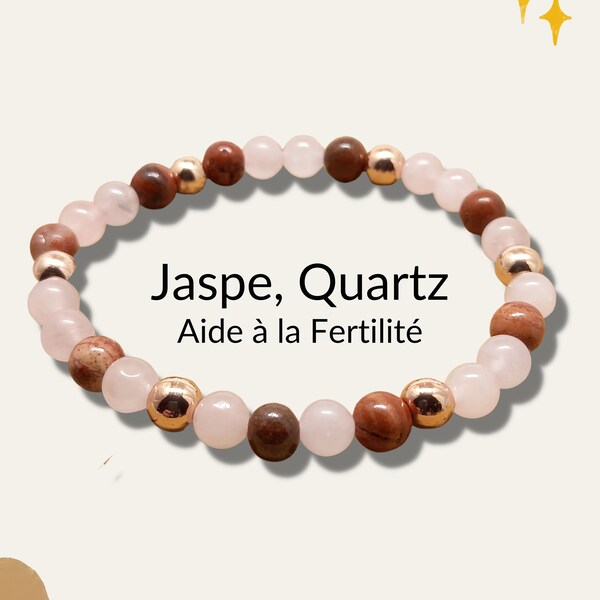 Bracelet Fertilité en pierres naturelles Jaspe rouge Quartz rose Hématite bronze perle 6mm élastique taille personnalisée faitmain femme