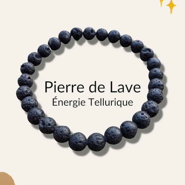 Telluric Energy Bracelet in natural raw black Lava stones 6mm elastic lithotherapy collection handmade France