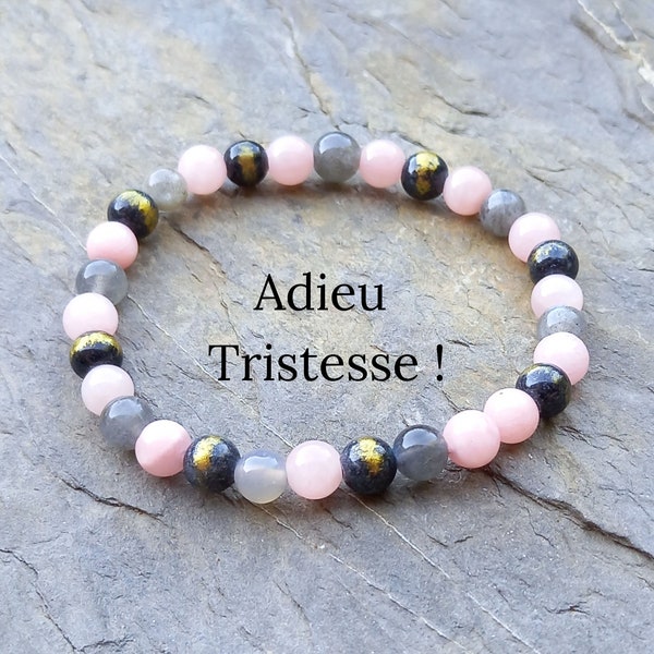 Bracelet Adieu Tristesse en perle de pierre naturelle 6mm Jade Calcédoine Labradorite élastique noir doré rose gris irisé fabriqué en France