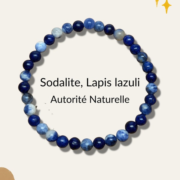 Bracelet Autorité Naturelle en pierres naturelles Sodalite bleue Lapis lazuli blanc élastique taille personnalisée fait main lithothérapie