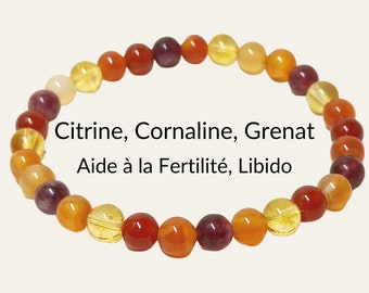 Bracelet Aide à la Fertilité Libido  en pierres naturelles Cornaline Citrine Grenat rouge orange perle 6mm élastique faitmain France