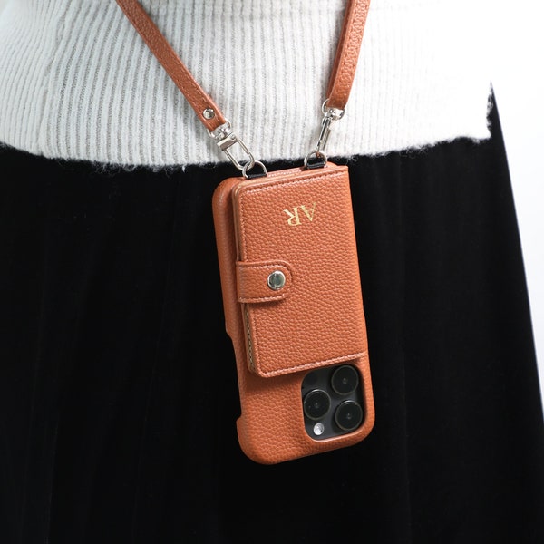 Crossbody iPhone Case with Card Slot, Personalised Leather iPhone Wallet Case, Pebble Leather Purse Bag for iPhone 14 13 12 11 Pro Max