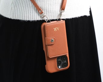 Crossbody iPhone Case with Card Slot, Personalised Leather iPhone Wallet Case, Pebble Leather Purse Bag for iPhone 14 13 12 11 Pro Max